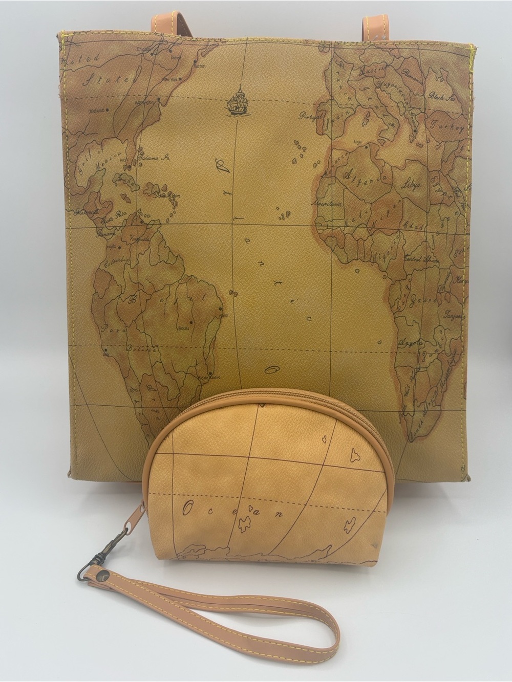 Map of the World Tote Bag with Matching Pouch - Tan and Brown